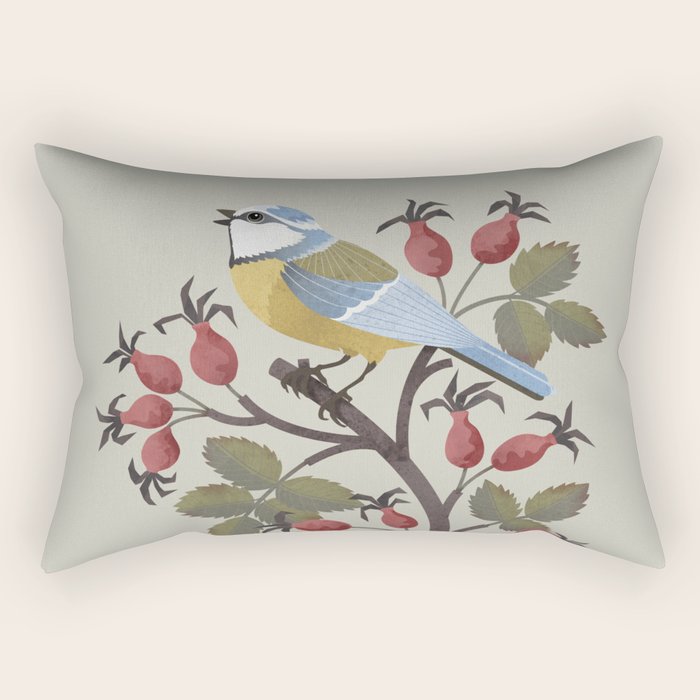 Blue Tit on Red Rose Hips Rectangular Pillow Gallery Image 2