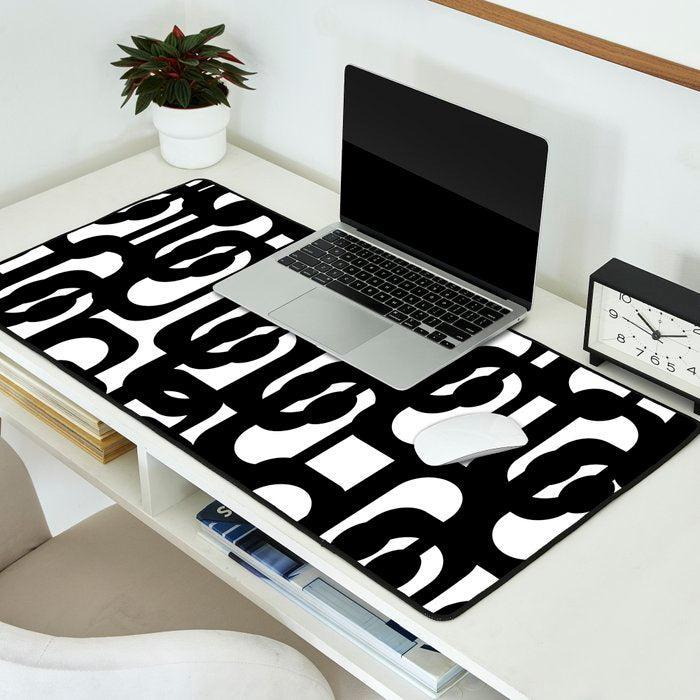 Black and White Mid-century Modern Loop Pattern Desk Mat Gallery Image 2