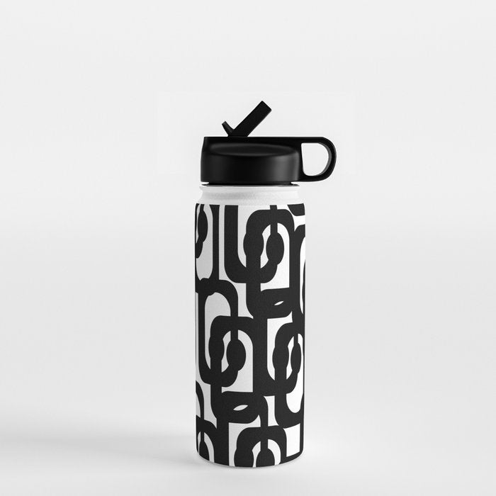 Black and White Mid-century Modern Loop Pattern Water Bottle Gallery Image 1