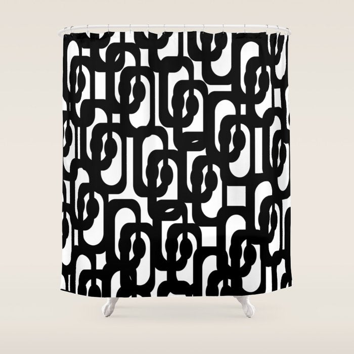 Black and White Mid-century Modern Loop Pattern Shower Curtain Gallery Image 1