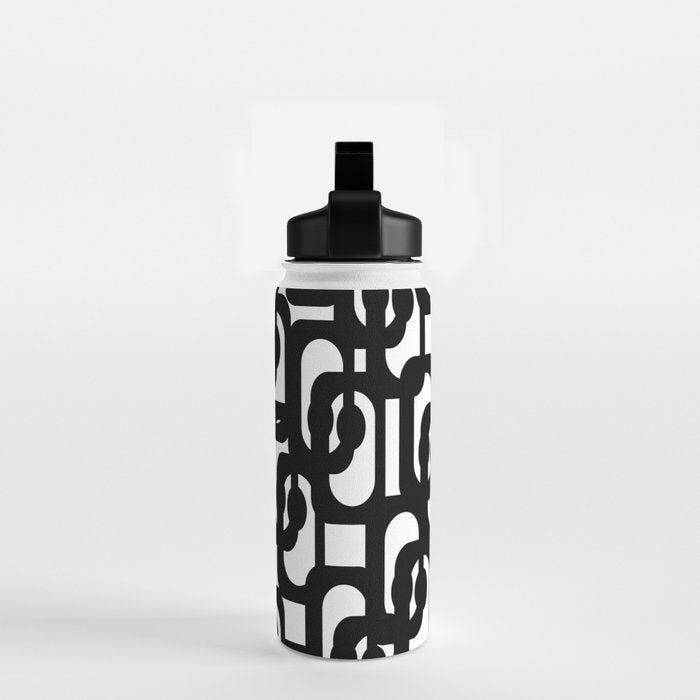Black and White Mid-century Modern Loop Pattern Water Bottle Gallery Image 2