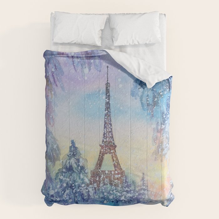 Snowy Parisian Christmas Watercolor Comforter Gallery Image 1