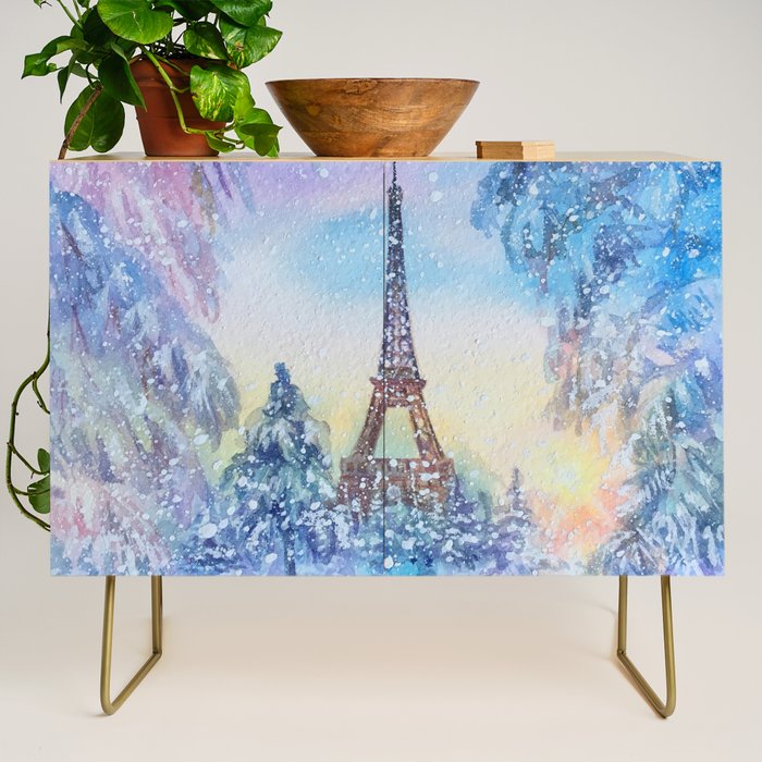 Snowy Parisian Christmas Watercolor Credenza Gallery Image 1