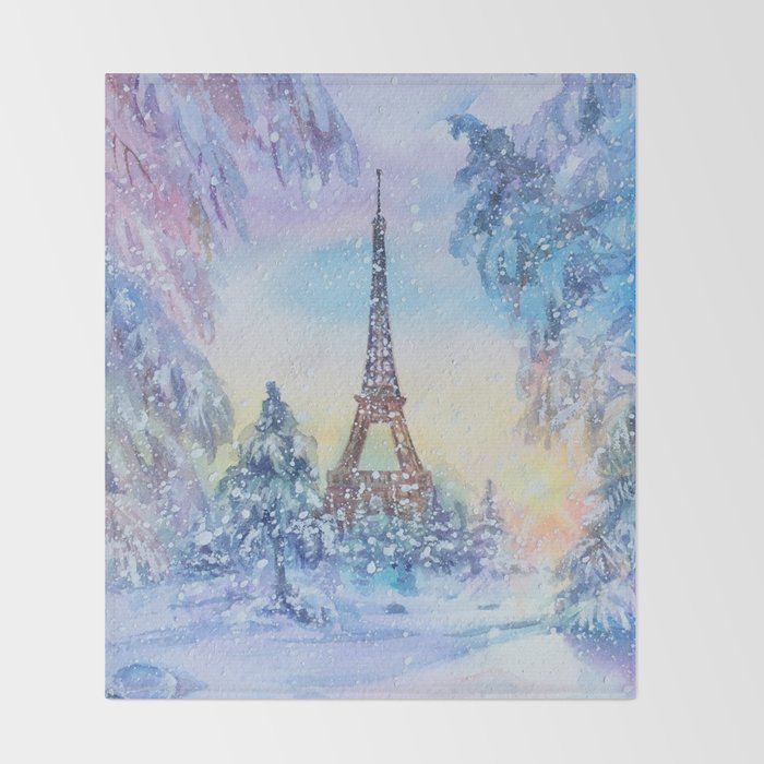 Snowy Parisian Christmas Watercolor Throw Blanket Gallery Image 2