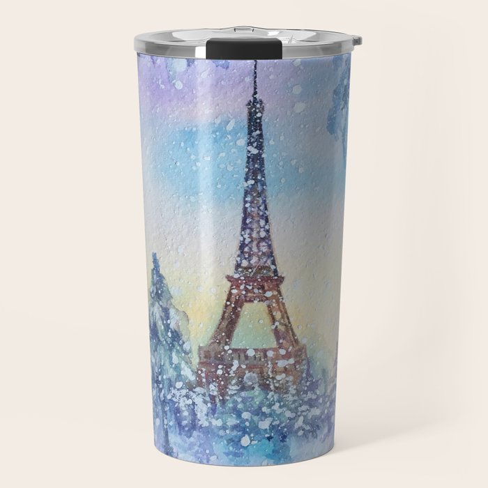 Snowy Parisian Christmas Watercolor Travel Mug Gallery Image 1