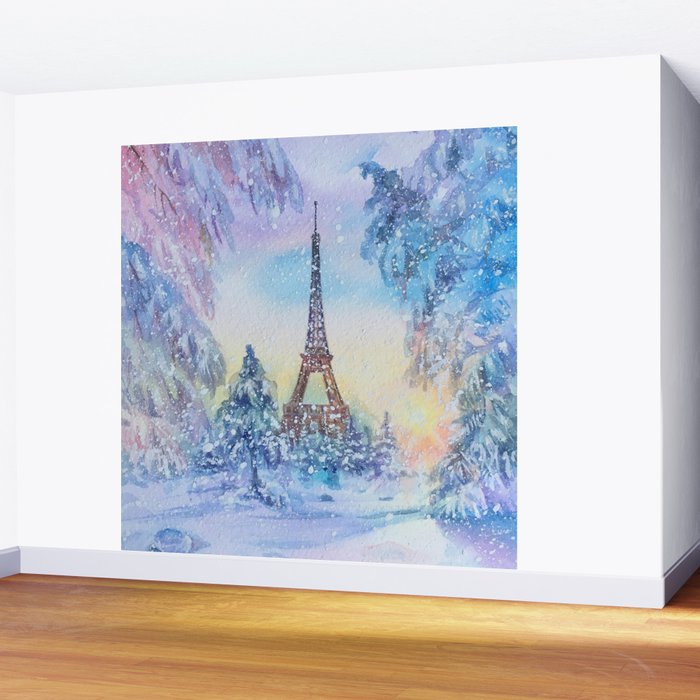 Snowy Parisian Christmas Watercolor Wall Mural Gallery Image 2