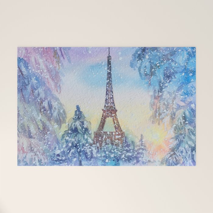 Snowy Parisian Christmas Watercolor Welcome Mat Gallery Image 1