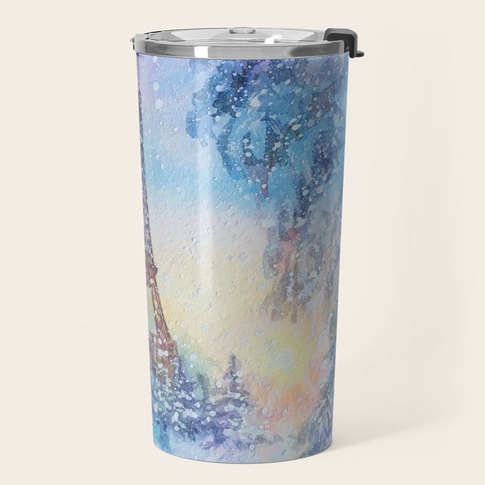 Snowy Parisian Christmas Watercolor Travel Mug Gallery Image 2