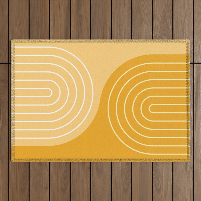 Geometric Lines Rainbow Abstract 11 in Mustard Yellow Gold Outdoor Rug Gallery Image 1