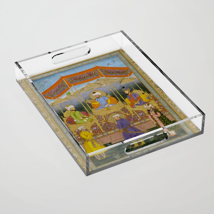 Antique Indian Miniature Painted Illustration Timur handing the crown to Babur Acrylic Tray Gallery Image 1