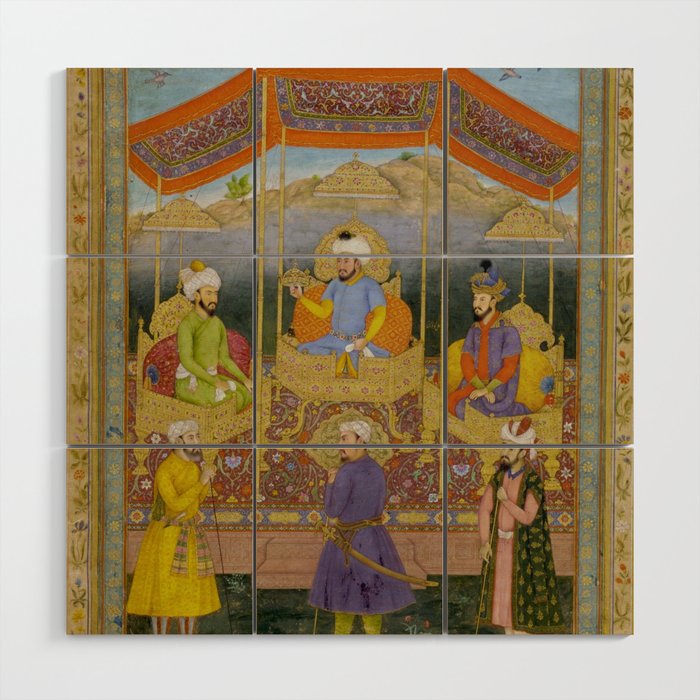 Antique Indian Miniature Painted Illustration Timur handing the crown to Babur Wood Wall Art Gallery Image 1