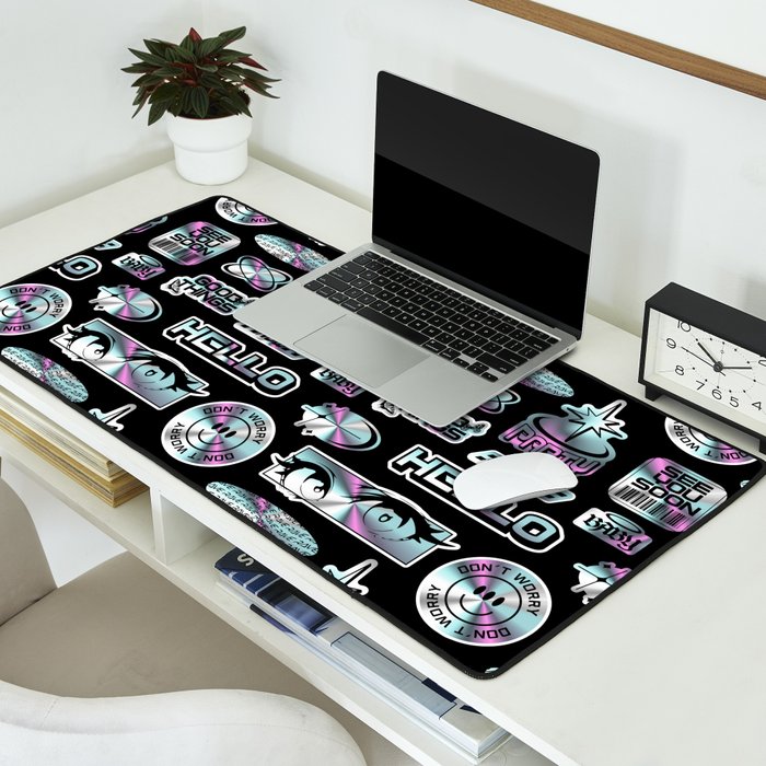 Retro holographic Y2K sticker pattern Desk Mat Gallery Image 2