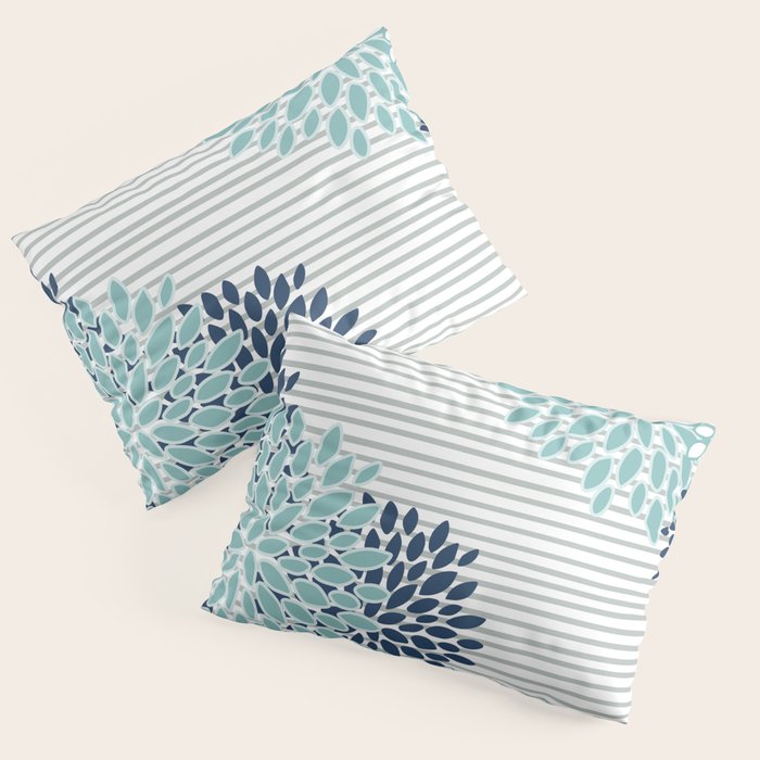 Festive, Floral Prints and Stripes, Teal and Blue Pillow Sham Gallery Image 1