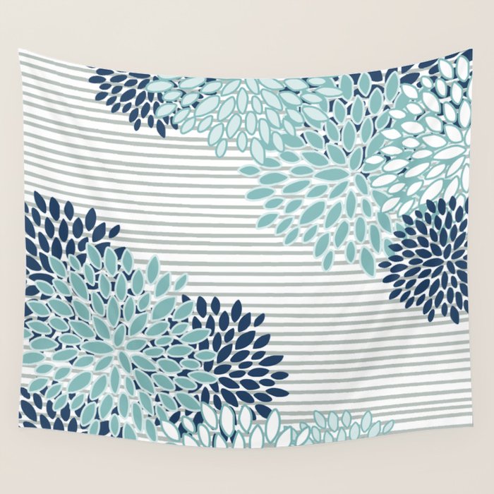 Festive, Floral Prints and Stripes, Teal and Blue Wall Tapestry Gallery Image 4