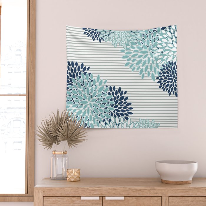 Festive, Floral Prints and Stripes, Teal and Blue Wall Tapestry Gallery Image 2