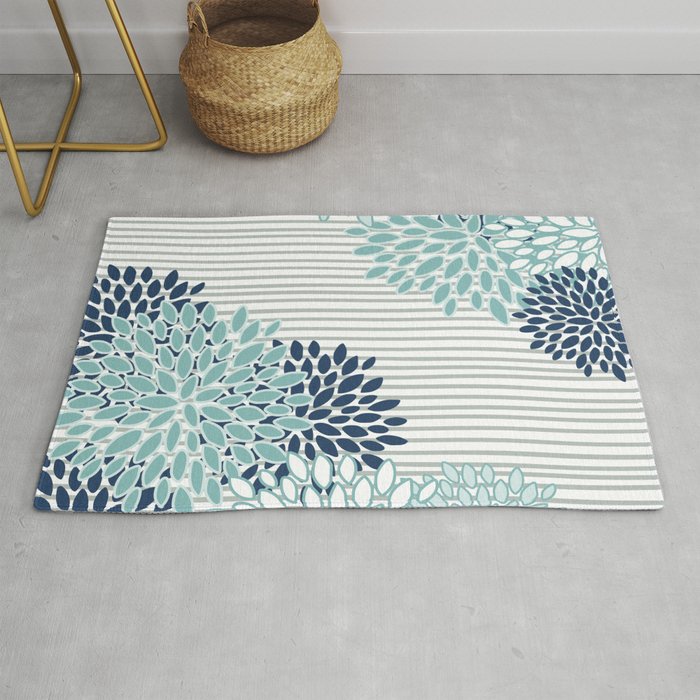 Festive, Floral Prints and Stripes, Teal and Blue Rug Gallery Image 1