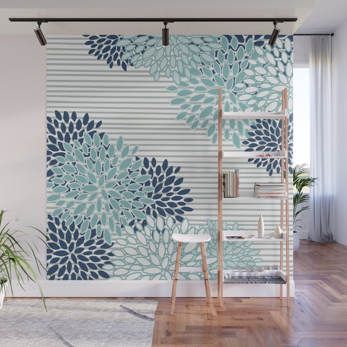 Festive, Floral Prints and Stripes, Teal and Blue Wall Mural Gallery Image 1