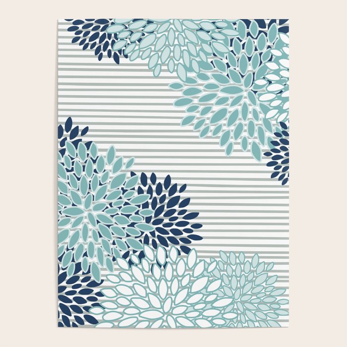 Festive, Floral Prints and Stripes, Teal and Blue Poster Gallery Image 4