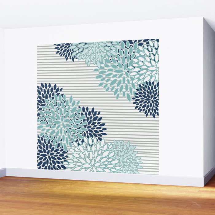 Festive, Floral Prints and Stripes, Teal and Blue Wall Mural Gallery Image 2