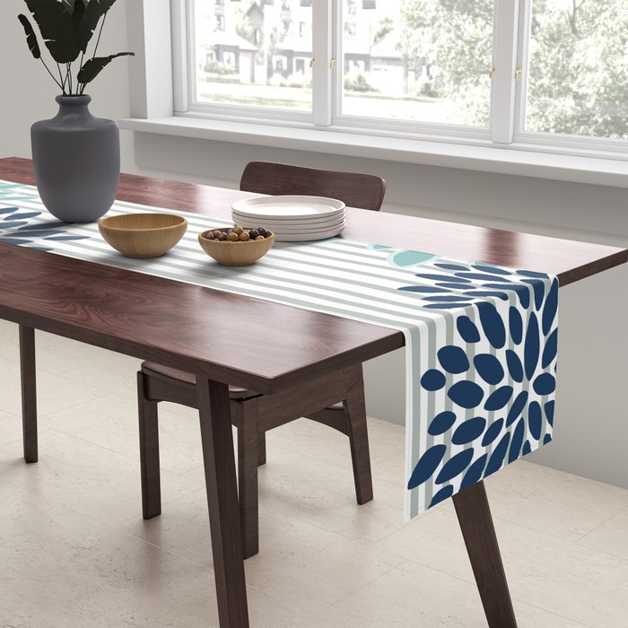 Festive, Floral Prints and Stripes, Teal and Blue Table Runner Gallery Image 2