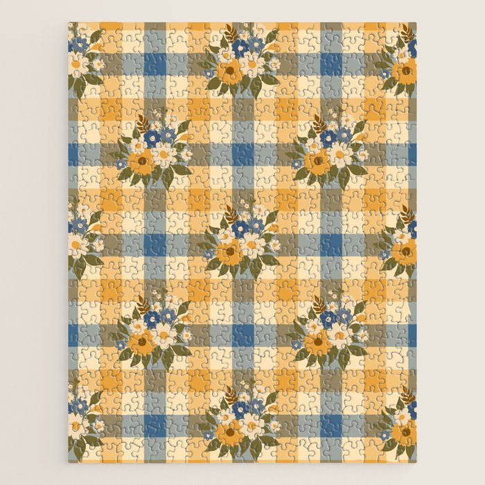 Country Retro Cottage Flowers plaid Jigsaw Puzzle Gallery Image 1