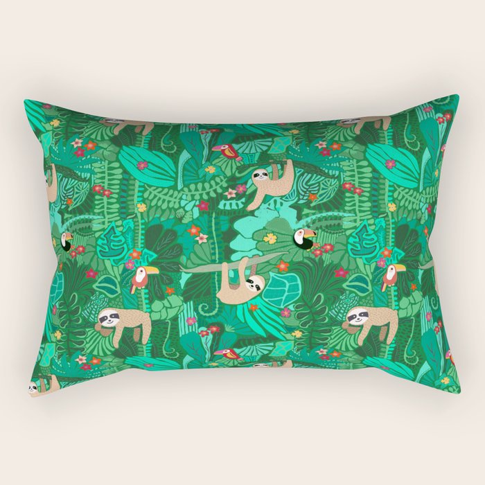 Sloths in the Emerald Jungle Pattern Rectangular Pillow Gallery Image 1