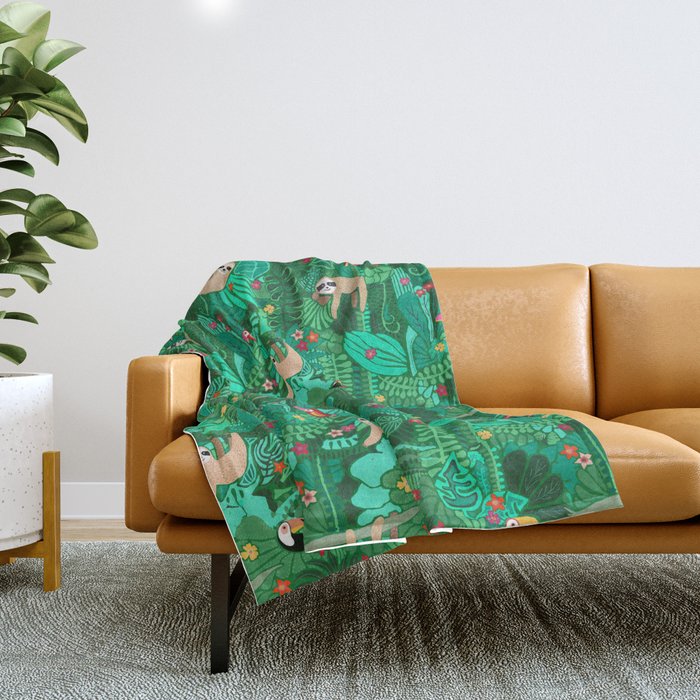 Sloths in the Emerald Jungle Pattern Throw Blanket Gallery Image 1