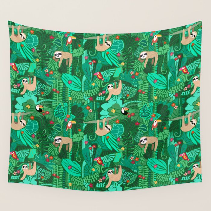Sloths in the Emerald Jungle Pattern Wall Tapestry Gallery Image 1