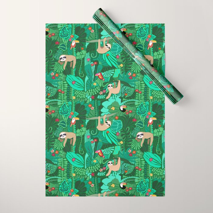 Sloths in the Emerald Jungle Pattern Wrapping Paper Gallery Image 1