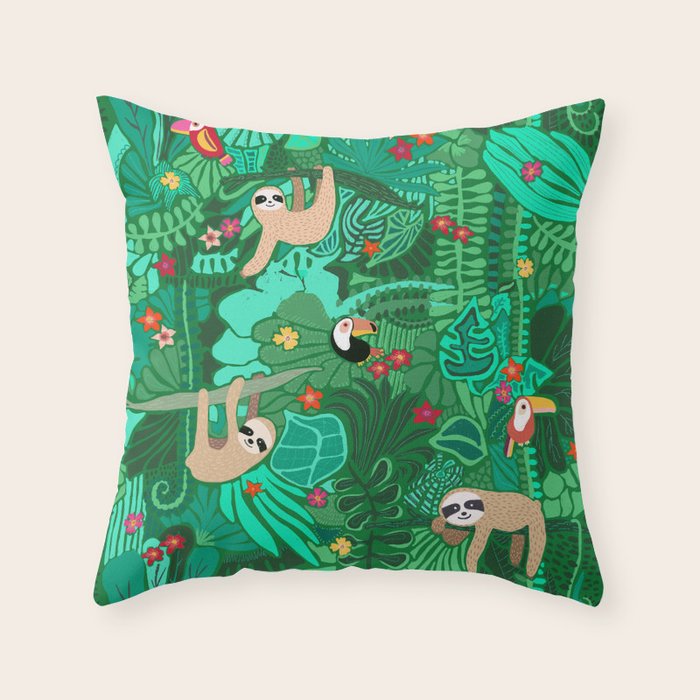 Sloths in the Emerald Jungle Pattern Throw Pillow Gallery Image 6
