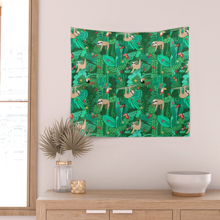 Sloths in the Emerald Jungle Pattern Wall Tapestry Gallery Image 2