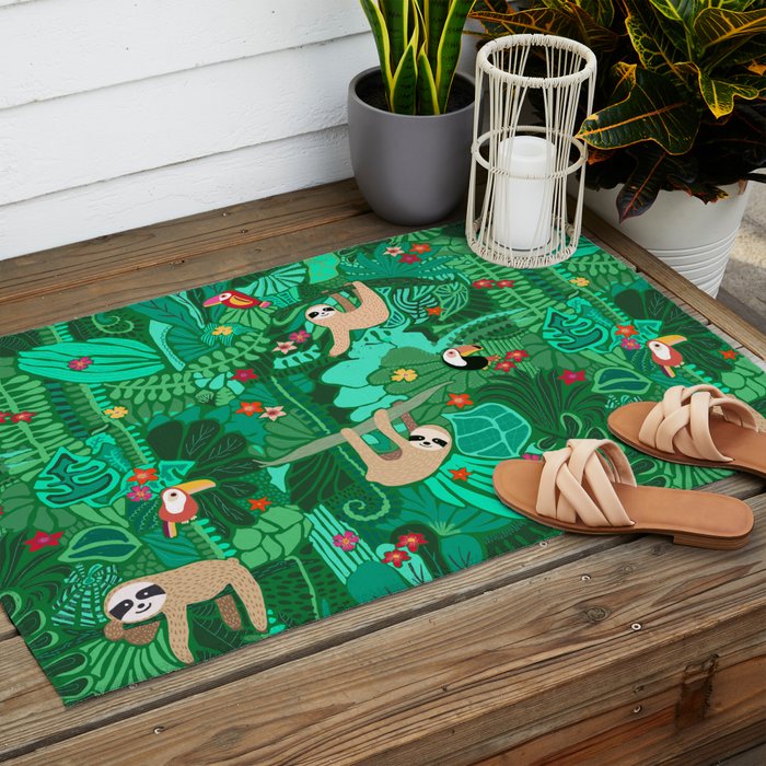 Sloths in the Emerald Jungle Pattern Outdoor Rug Gallery Image 2