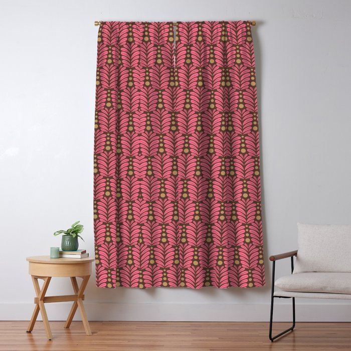 Pink and Brown Botanical Scalloped Art Deco Pattern Window Curtain Gallery Image 1