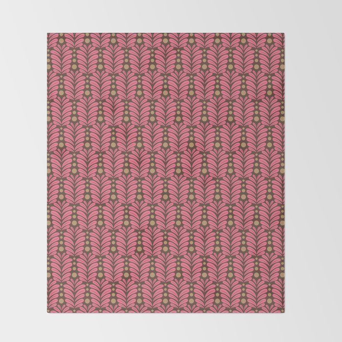 Pink and Brown Botanical Scalloped Art Deco Pattern Throw Blanket Gallery Image 2