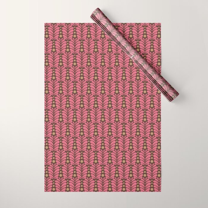 Pink and Brown Botanical Scalloped Art Deco Pattern Wrapping Paper Gallery Image 1