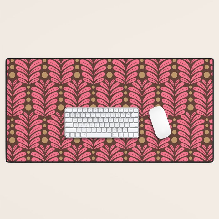 Pink and Brown Botanical Scalloped Art Deco Pattern Desk Mat Gallery Image 1
