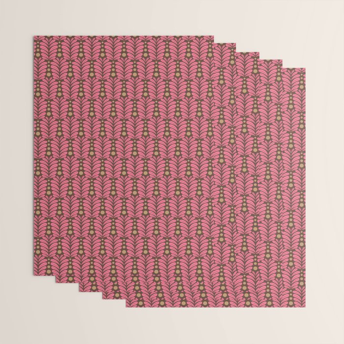 Pink and Brown Botanical Scalloped Art Deco Pattern Wrapping Paper Gallery Image 3