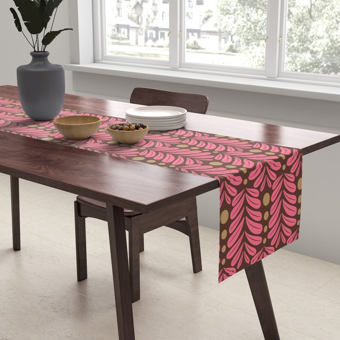 Pink and Brown Botanical Scalloped Art Deco Pattern Table Runner Gallery Image 2