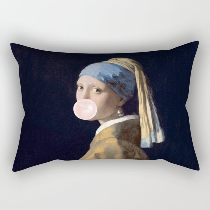 Girl with Pearl Earing Blowing Gum Rectangular Pillow Gallery Image 1