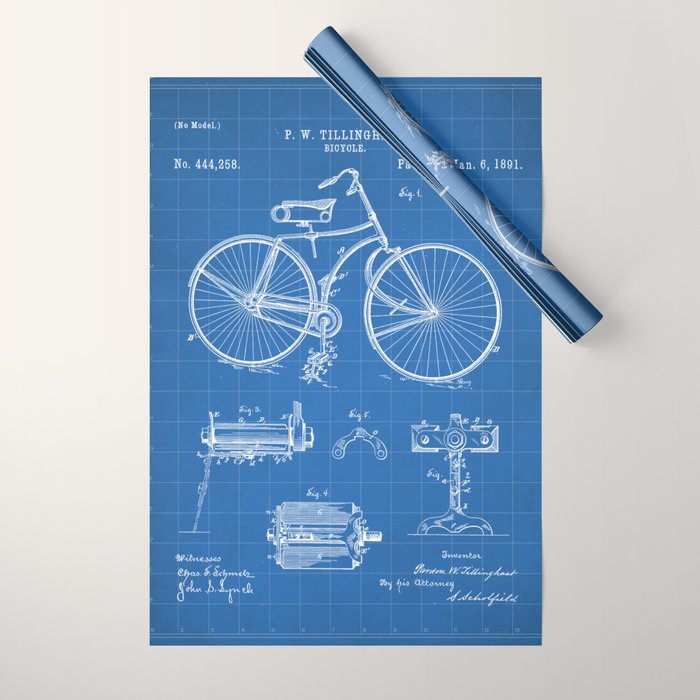 Bicycle Patent - Cyclling Art - Blueprint Wrapping Paper Gallery Image 1