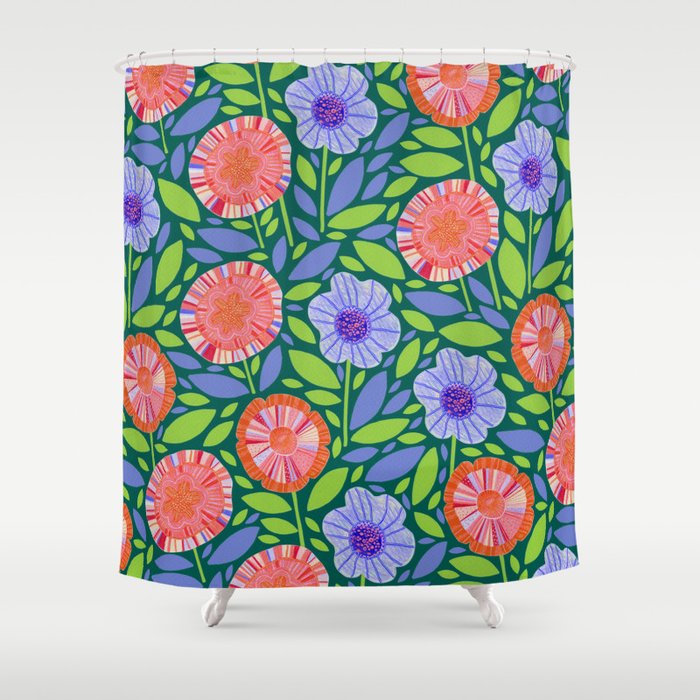 Folk Floral Blossoms in Turquoise Shower Curtain Gallery Image 1