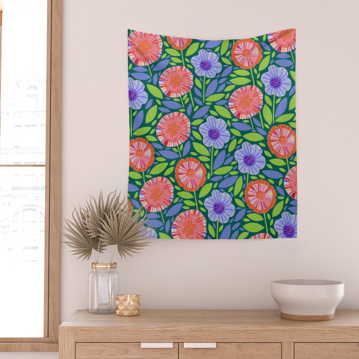 Folk Floral Blossoms in Turquoise Wall Tapestry Gallery Image 2