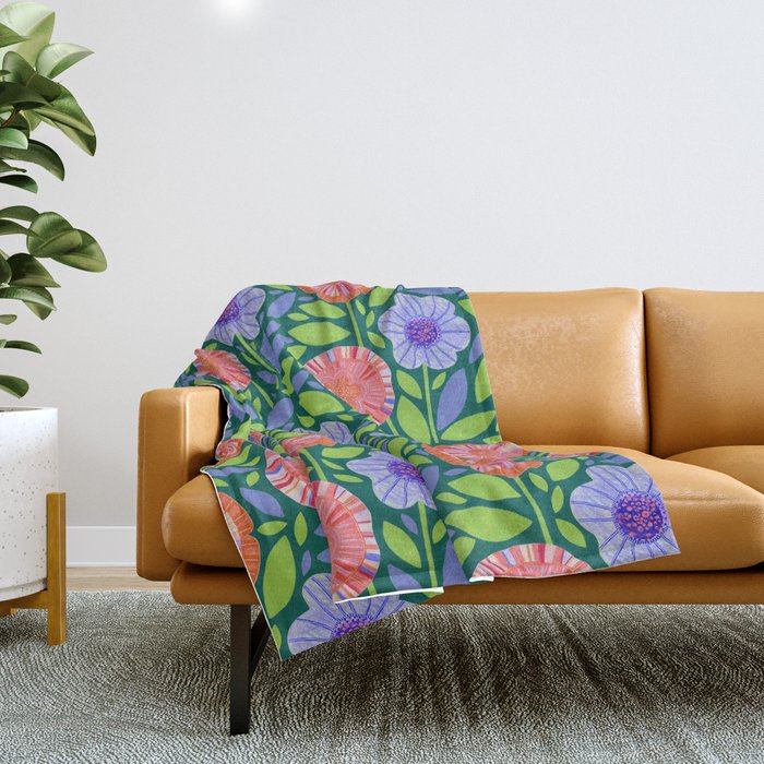 Folk Floral Blossoms in Turquoise Throw Blanket Gallery Image 1