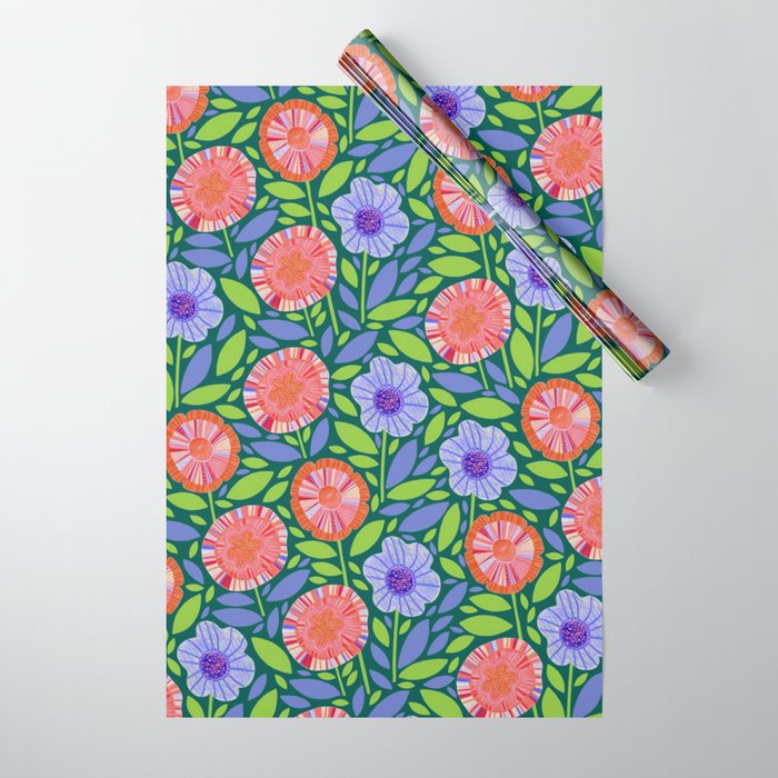 Folk Floral Blossoms in Turquoise Wrapping Paper Gallery Image 1