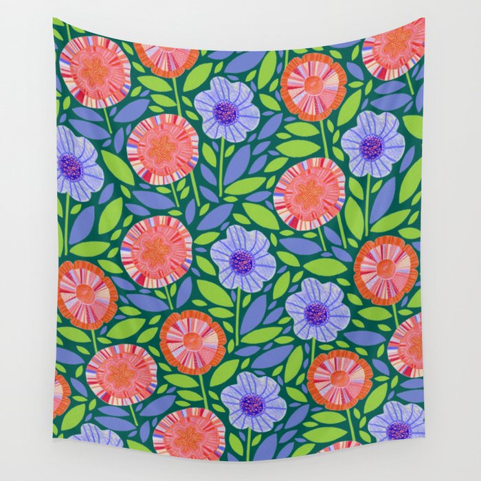 Folk Floral Blossoms in Turquoise Wall Tapestry Gallery Image 4