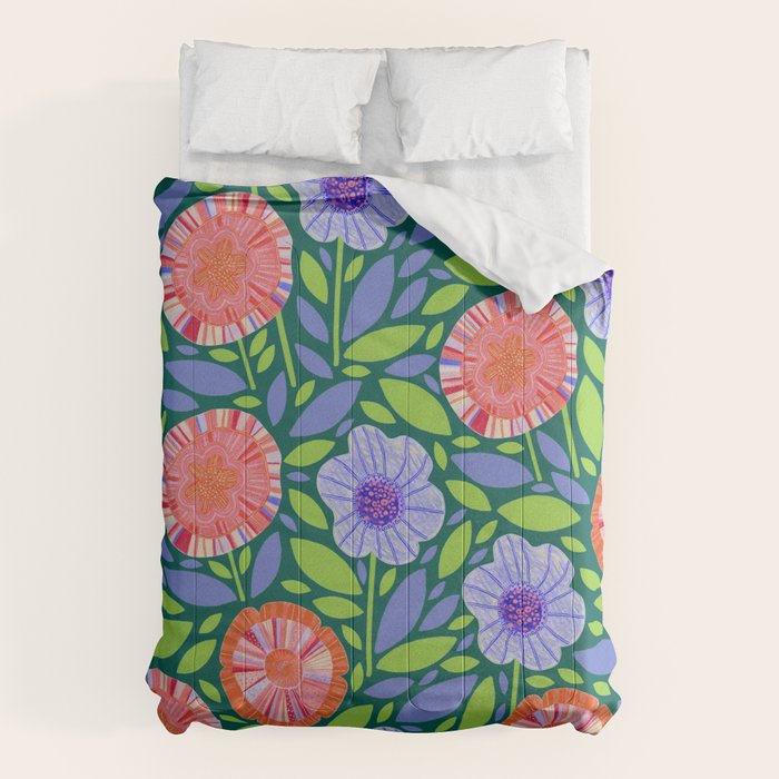 Folk Floral Blossoms in Turquoise Comforter Gallery Image 1