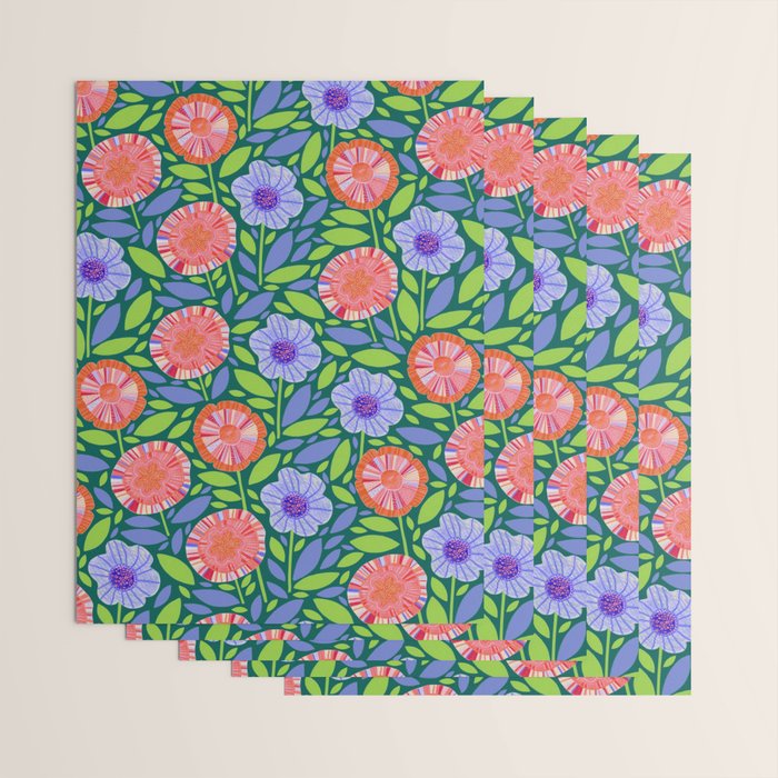 Folk Floral Blossoms in Turquoise Wrapping Paper Gallery Image 3