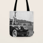 Golfer Teeing Off on Top of Car, Black and White, Old Photo, Vintage Golf Art Tote Bag Gallery Image 1