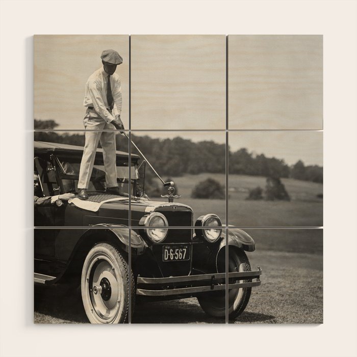 Golfer Teeing Off on Top of Car, Black and White, Old Photo, Vintage Golf Art Wood Wall Art