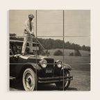 Golfer Teeing Off on Top of Car, Black and White, Old Photo, Vintage Golf Art Wood Wall Art Gallery Image 1